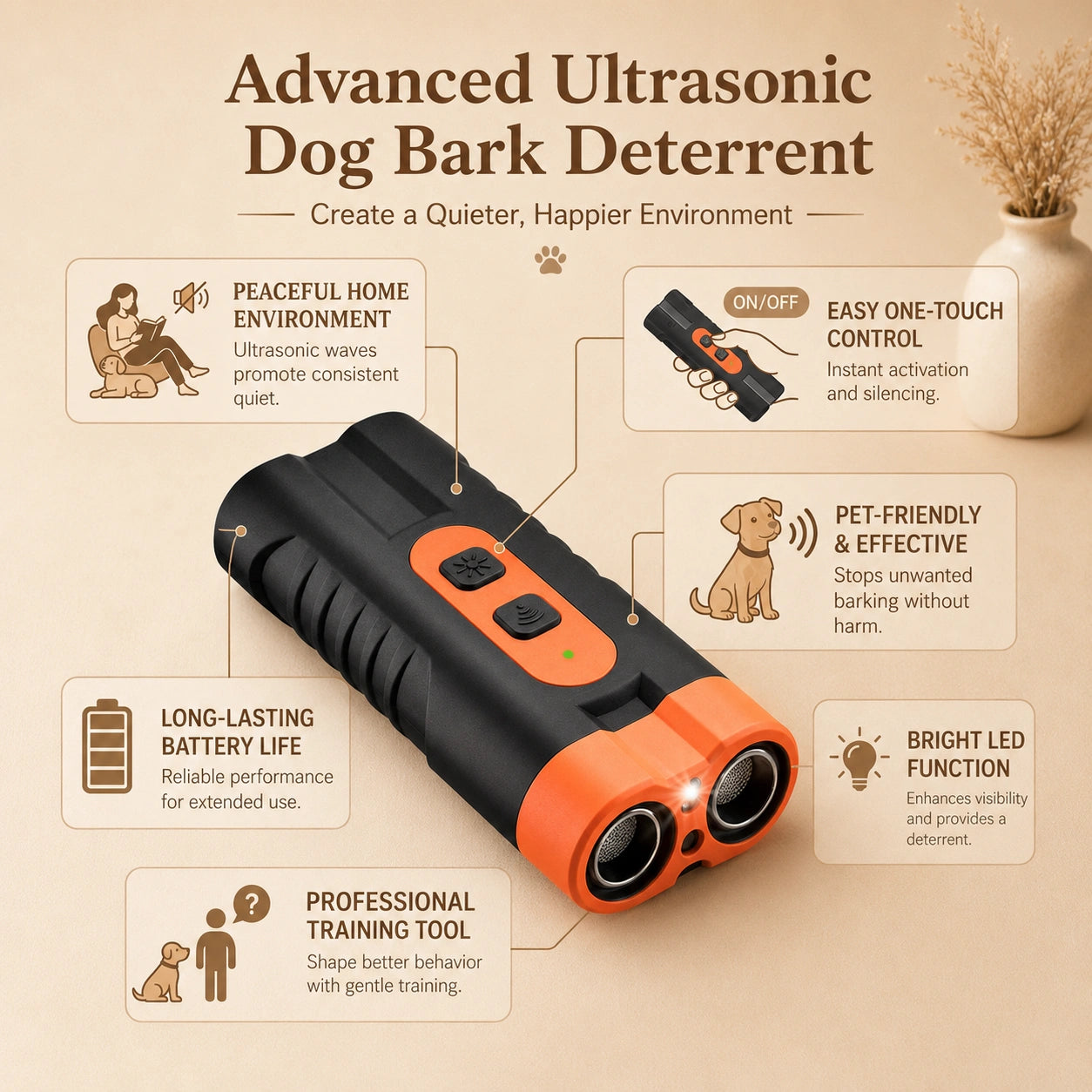 SilverHeritage™ QuietCue USB-Rechargeable Ultrasonic Dog Bark Deterrent Training Tool, Dual Emitters, 50-Foot Range & Flashlight