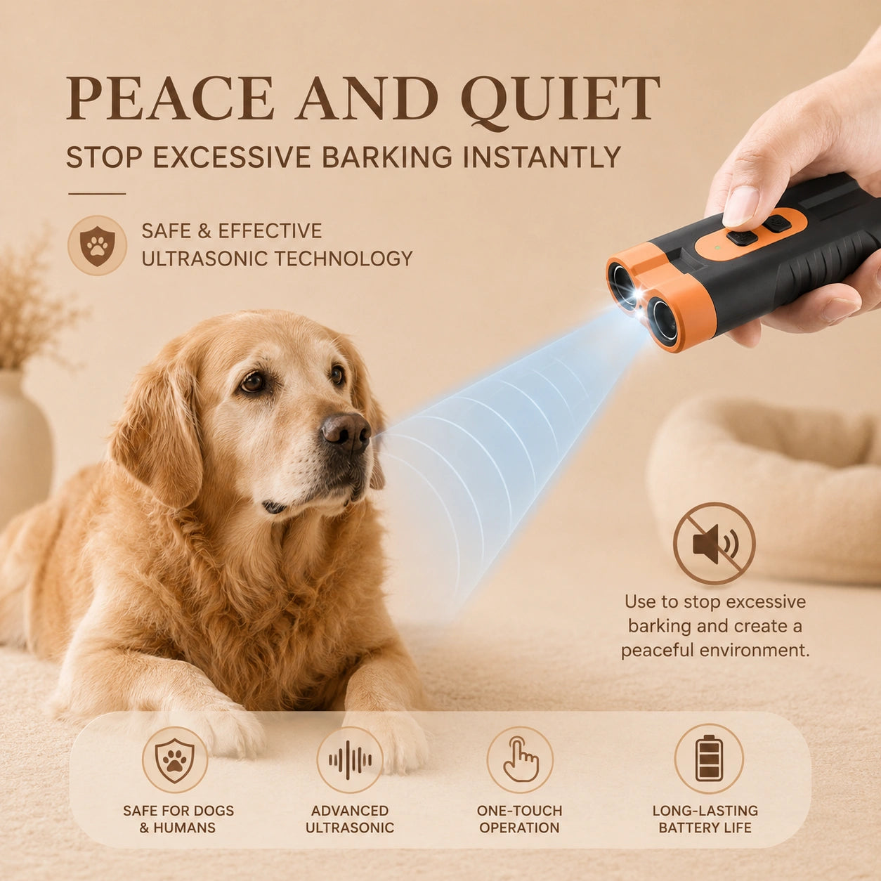 SilverHeritage™ QuietCue USB-Rechargeable Ultrasonic Dog Bark Deterrent Training Tool, Dual Emitters, 50-Foot Range & Flashlight
