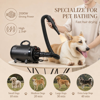 HeritageLab™ AeroDry Pro 2000W 2.7HP High-Velocity Dog Grooming Dryer, Adjustable Pet Hair Blower with 4 Nozzles & Extendable Hose