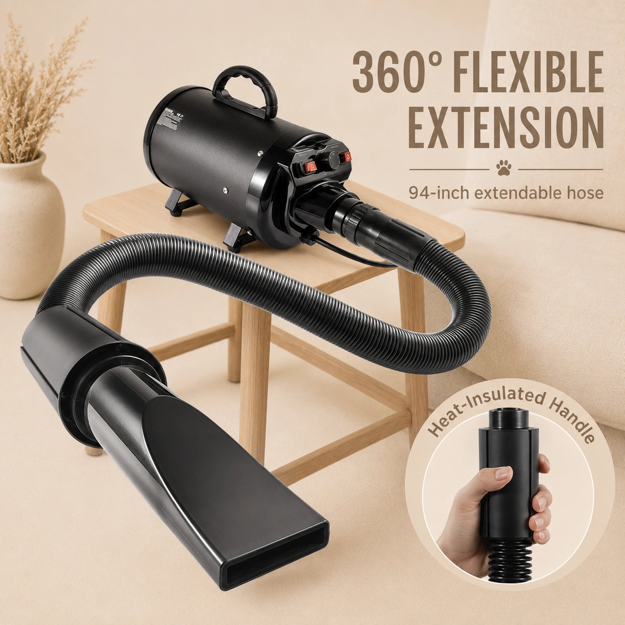 HeritageLab™ AeroDry Pro 2000W 2.7HP High-Velocity Dog Grooming Dryer, Adjustable Pet Hair Blower with 4 Nozzles & Extendable Hose