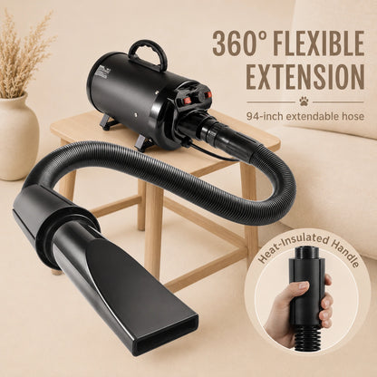 HeritageLab™ AeroDry Pro 2000W 2.7HP High-Velocity Dog Grooming Dryer, Adjustable Pet Hair Blower with 4 Nozzles & Extendable Hose