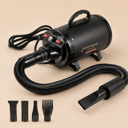 HeritageLab™ AeroDry Pro 2000W 2.7HP High-Velocity Dog Grooming Dryer, Adjustable Pet Hair Blower with 4 Nozzles & Extendable Hose