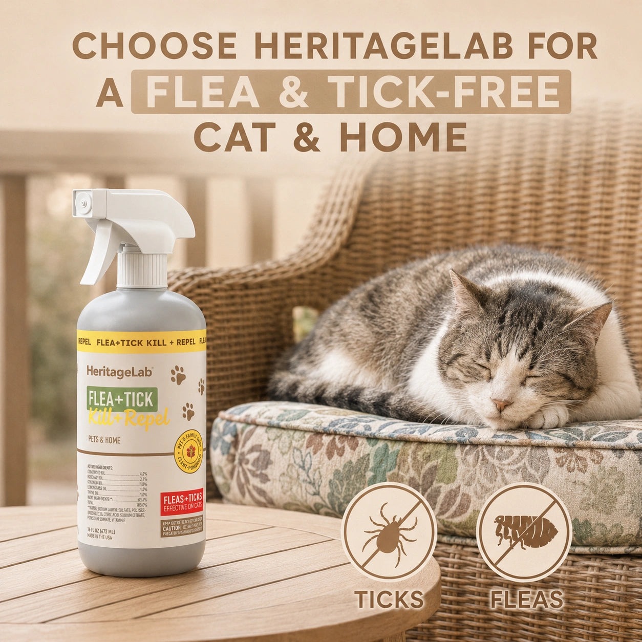 SilverHeritage™ CedarShield Plant-Based Flea & Tick Spray for Cats, Home, Bedding, Carpets & Outdoor Pet Areas with Cedarwood Oil, 16 oz