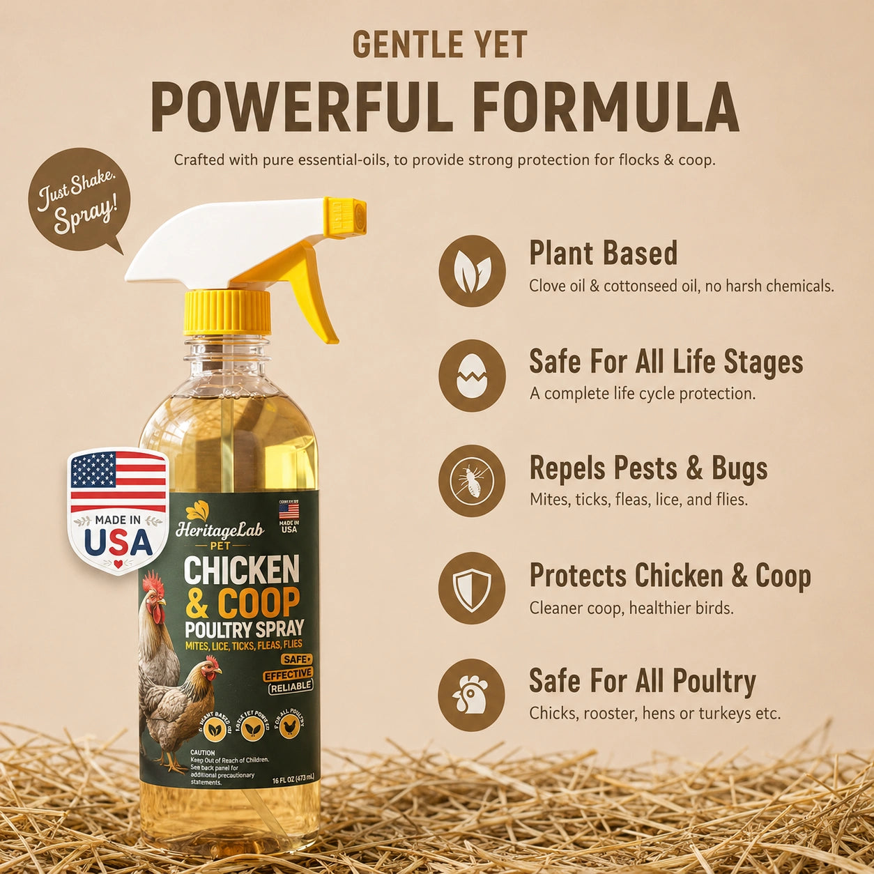 HeritageLab™ CoopShield Chicken Mite, Lice, Tick, Flea & Fly Spray for Poultry, Coops, Nesting Boxes & Backyard Flock Care
