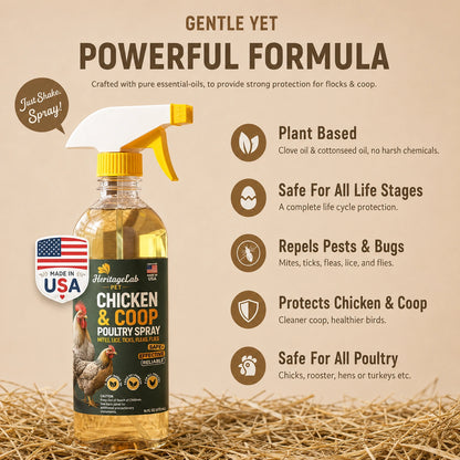 HeritageLab™ CoopShield Chicken Mite, Lice, Tick, Flea & Fly Spray for Poultry, Coops, Nesting Boxes & Backyard Flock Care