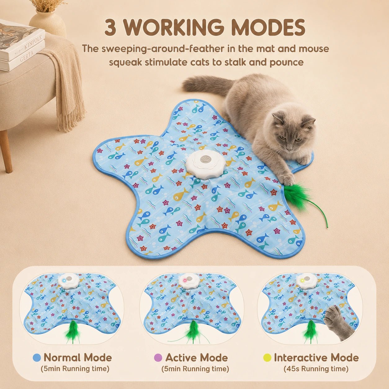 HeritageCloud™ FeatherHunt Rechargeable Automatic Interactive Cat Toy, Unpredictable Moving Feather Hide-and-Seek Exercise Mat for Indoor Cats