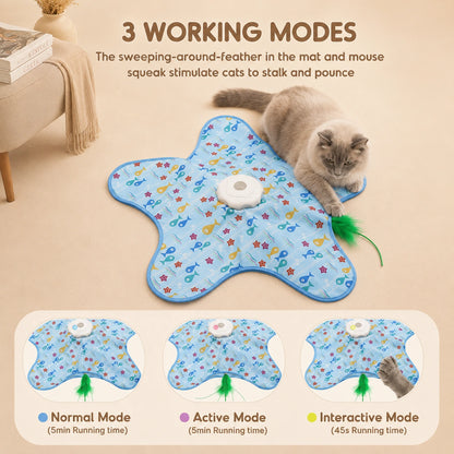 HeritageCloud™ FeatherHunt Rechargeable Automatic Interactive Cat Toy, Unpredictable Moving Feather Hide-and-Seek Exercise Mat for Indoor Cats