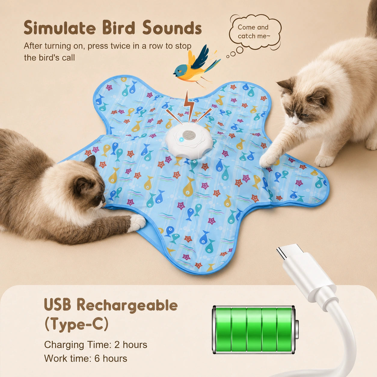 HeritageCloud™ FeatherHunt Rechargeable Automatic Interactive Cat Toy, Unpredictable Moving Feather Hide-and-Seek Exercise Mat for Indoor Cats