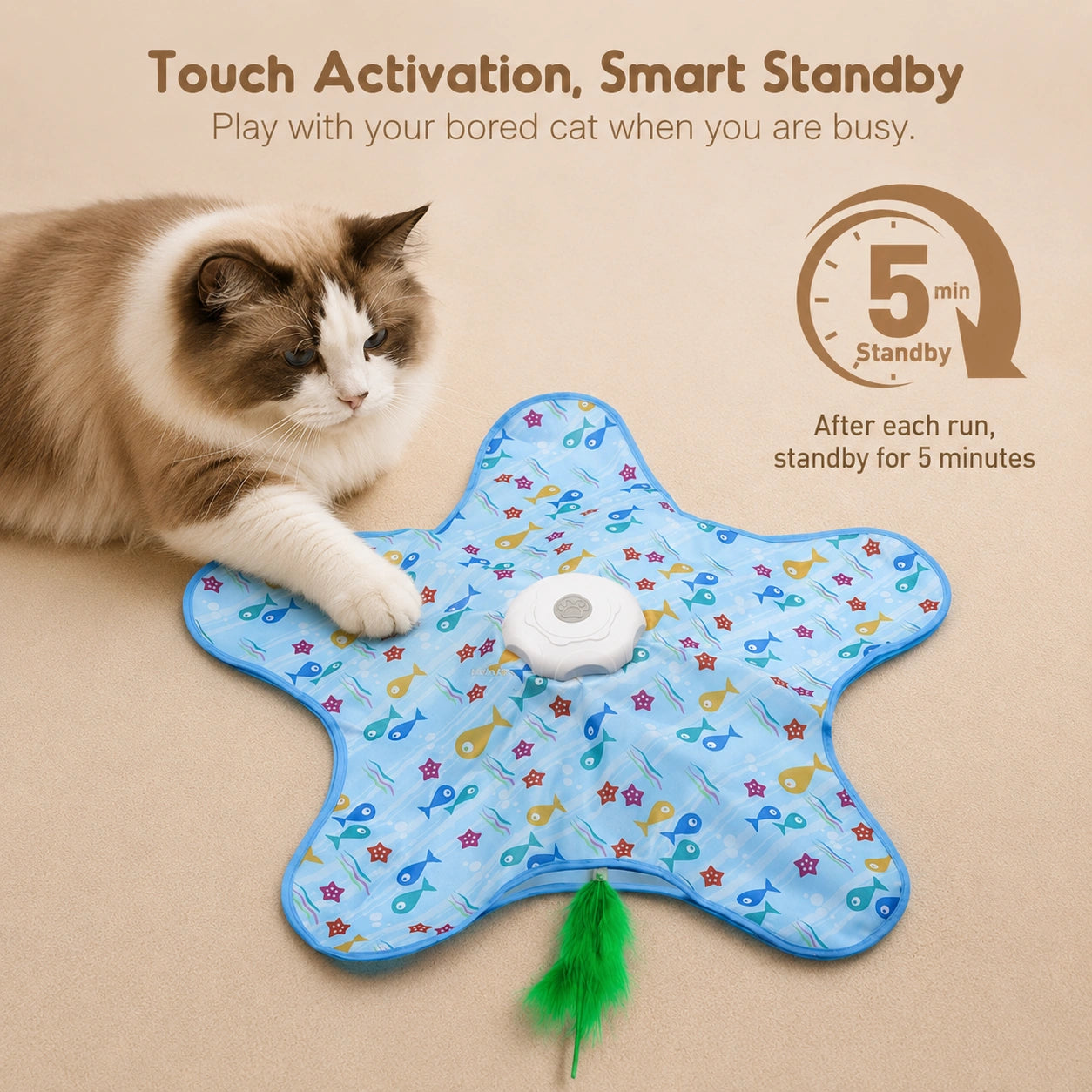HeritageCloud™ FeatherHunt Rechargeable Automatic Interactive Cat Toy, Unpredictable Moving Feather Hide-and-Seek Exercise Mat for Indoor Cats