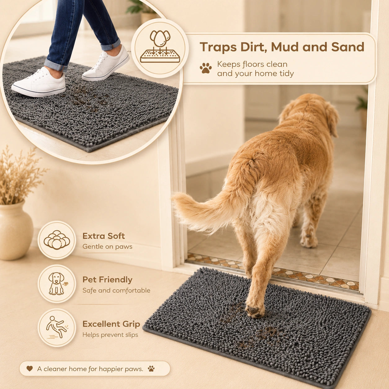 HeritageLab™ MudGuard Super-Absorbent Chenille Dog Door Mat, Quick-Dry Anti-Mud Pet Paw Rug for Entryways, Floors & Indoor Use