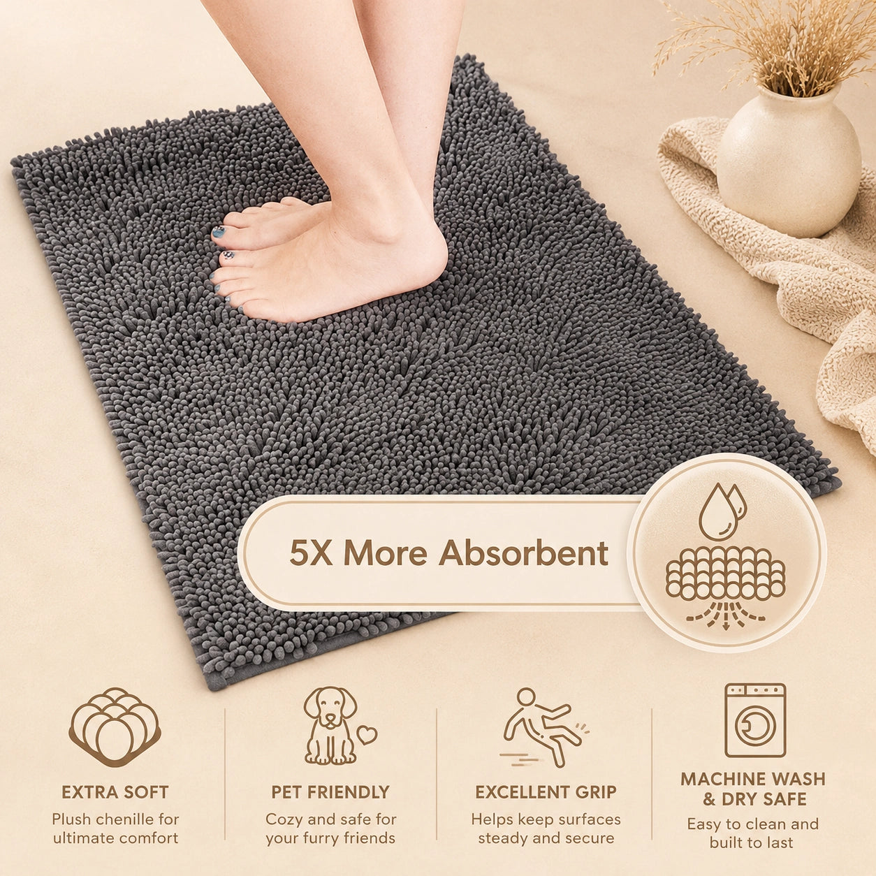 HeritageLab™ MudGuard Super-Absorbent Chenille Dog Door Mat, Quick-Dry Anti-Mud Pet Paw Rug for Entryways, Floors & Indoor Use