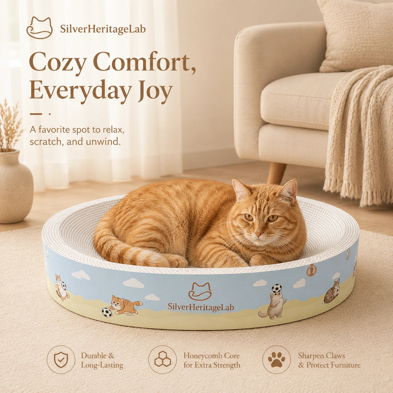 HeritageLab™ PlayNest 2-in-1 Round Cat Scratcher Bed & Lounge, Eco-Friendly Corrugated Cardboard Scratching Bowl for Indoor Cats