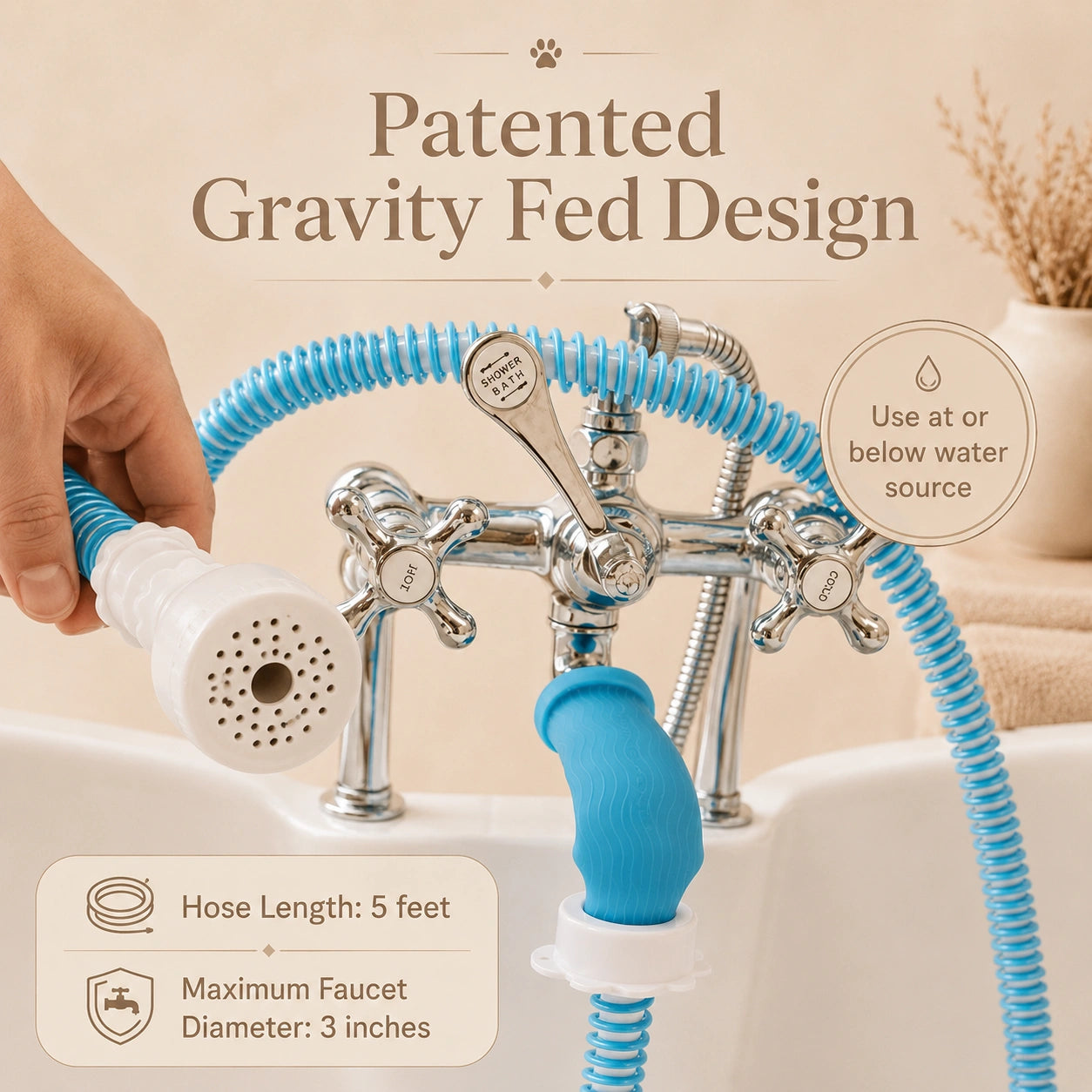 HeritageLab™ FlexRinse 5 ft No-Install Tub Hose & Handheld Shower Sprayer Attachment for Dog Washing, Pet Bathing, Hair Rinsing & Baby Baths