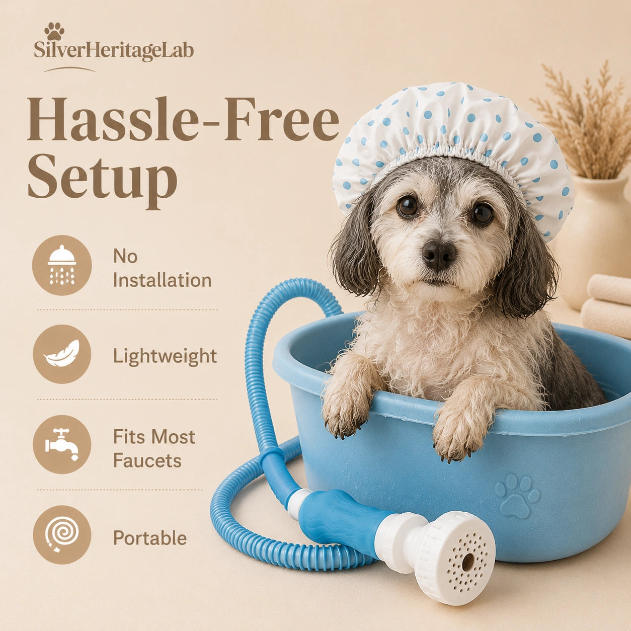 HeritageLab™ FlexRinse 5 ft No-Install Tub Hose & Handheld Shower Sprayer Attachment for Dog Washing, Pet Bathing, Hair Rinsing & Baby Baths