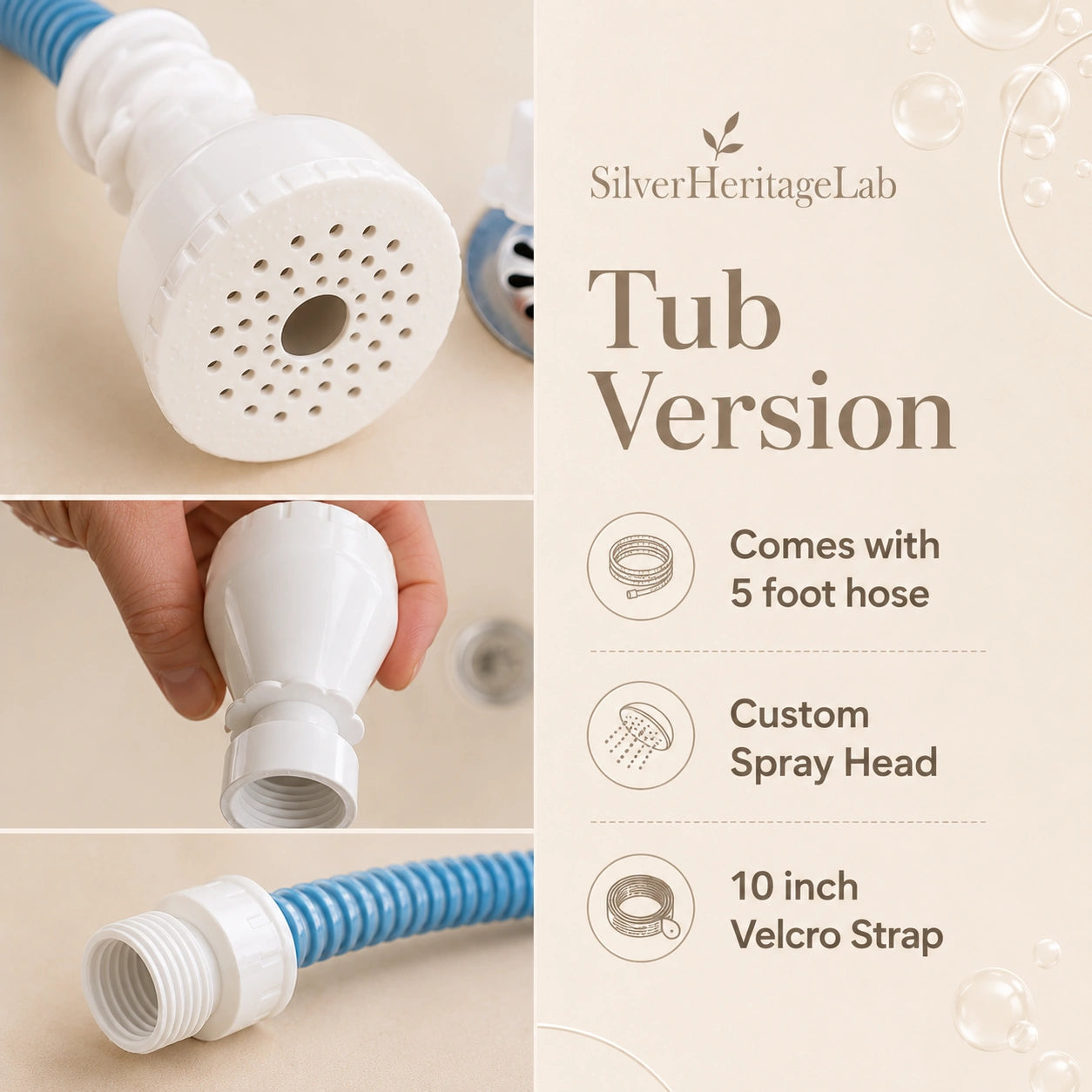 HeritageLab™ FlexRinse 5 ft No-Install Tub Hose & Handheld Shower Sprayer Attachment for Dog Washing, Pet Bathing, Hair Rinsing & Baby Baths