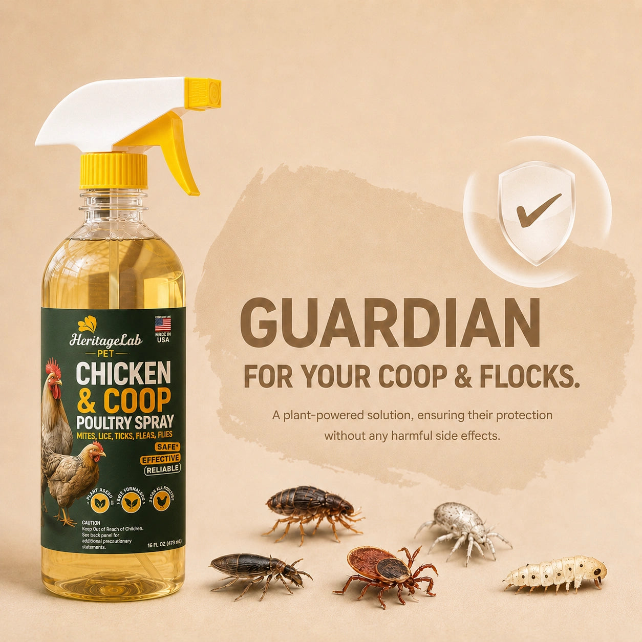 HeritageLab™ CoopShield Chicken Mite, Lice, Tick, Flea & Fly Spray for Poultry, Coops, Nesting Boxes & Backyard Flock Care